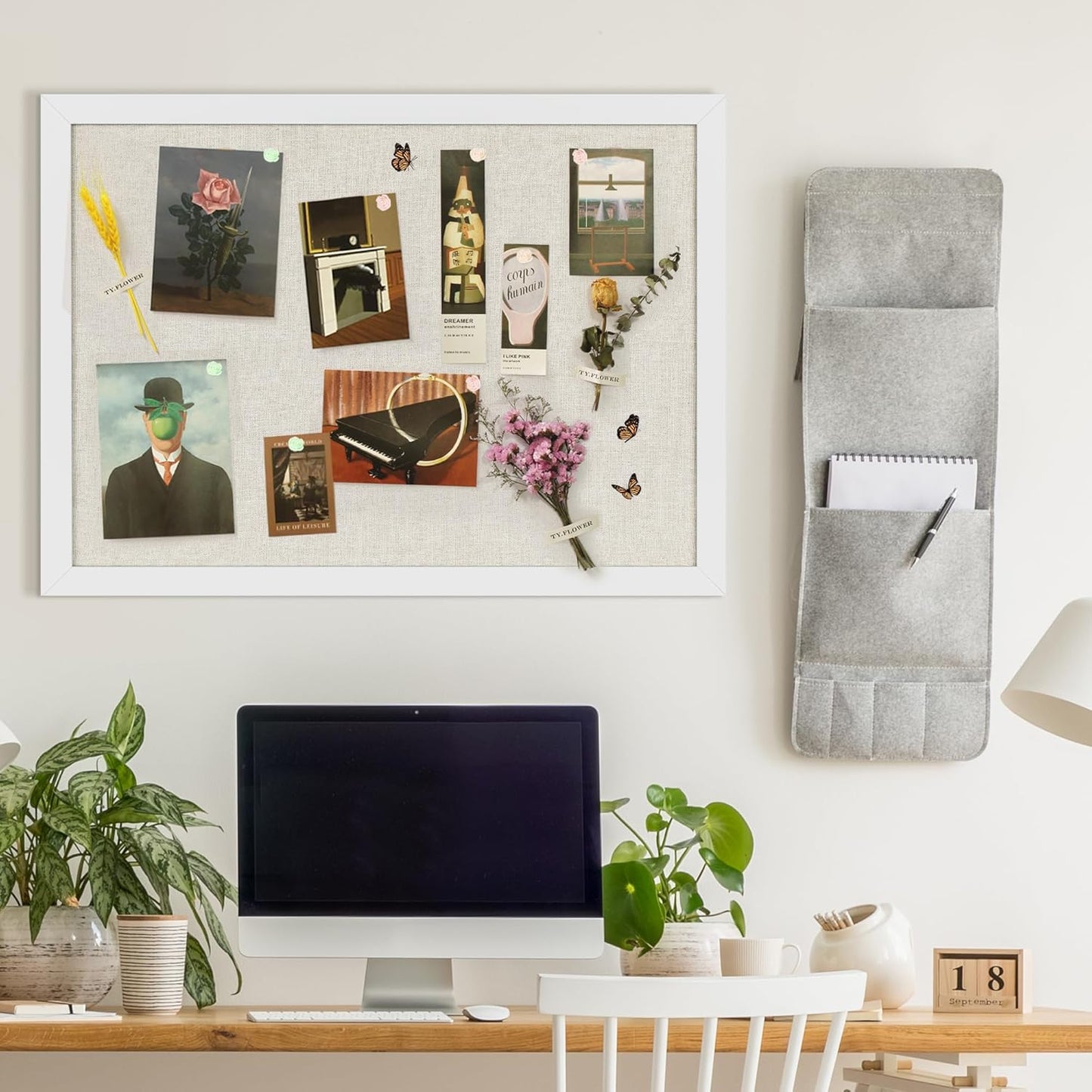 Cork Board Bulletin Board 18" x 24", 2-Pack Large Linen Corkboards with Frame for Walls, Cute Picture Display Pin Board Vision Board for Room School Office Bedroom 40 Pushpins Vintage White