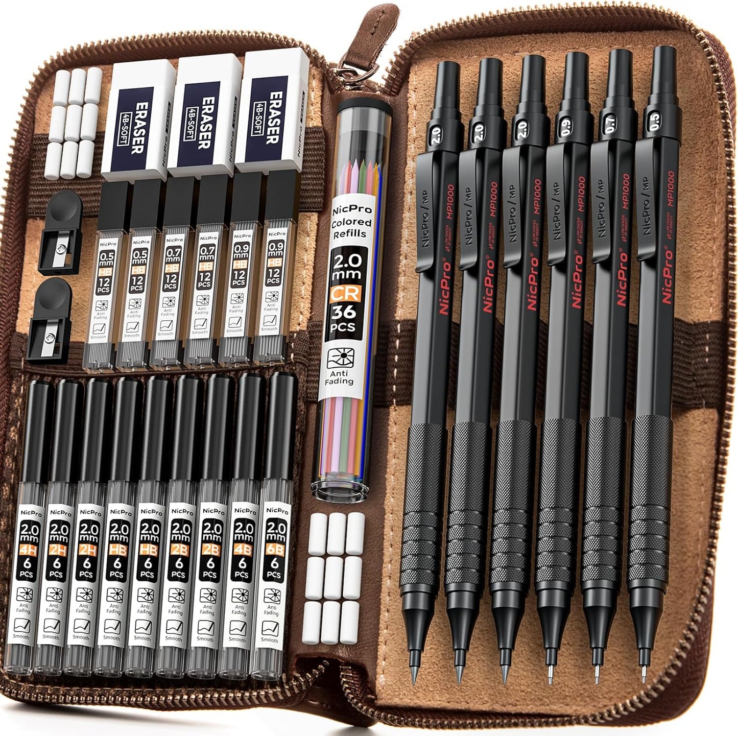 Nicpro 30PCS Black Metal Mechanical Pencil Set in Leather Case, Art Drafting Pencil 0.5, 0.7, 0.9 mm, 2mm Lead Pencil Holders for Sketching Drawing With 16 Tube (6B 4B 2B HB 2H 4H Colors)Lead Refills