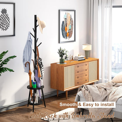 FILWH Freestanding Coat Rack with Umbrella Organizer Tray Bamboo Coat Tree Rack with 8 Hook Stand for Clothes Bag Hats Entryway Hanger Stand(Black)