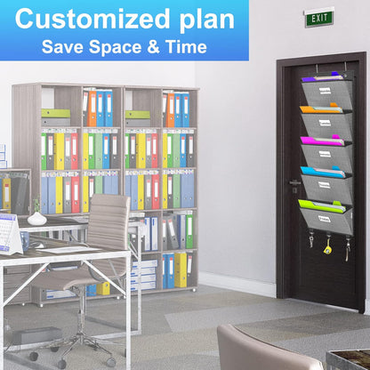Over the Door File Organizer, Hanging File Folders, Wall Organizers and Storage for Mail, Magazine, Notebooks, Planners, Office, Classroom, 5 Extra Large Pockets, 50.39” Tall (Grey with Herringbone)