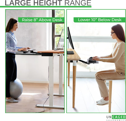 Uncaged Ergonomics KT2-b Under-Desk Adjustable Height & Angle Sit to Stand Up Keyboard Tray with negative tilt Best standing desk computer keyboard holder drawer