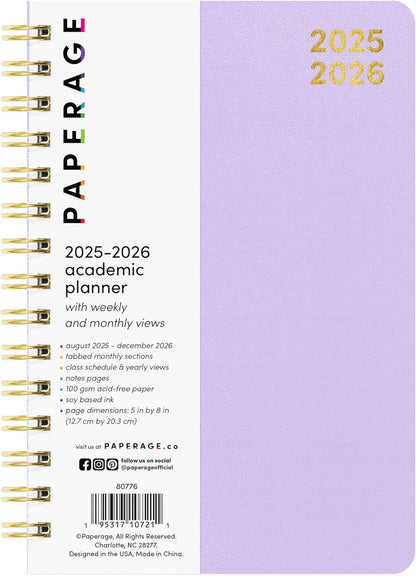 PAPERAGE 17 Month Academic Planner 2025-2026, Weekly & Monthly Spreads, August 2025 - December 2026, Small (5 in x 8 in), Lavender