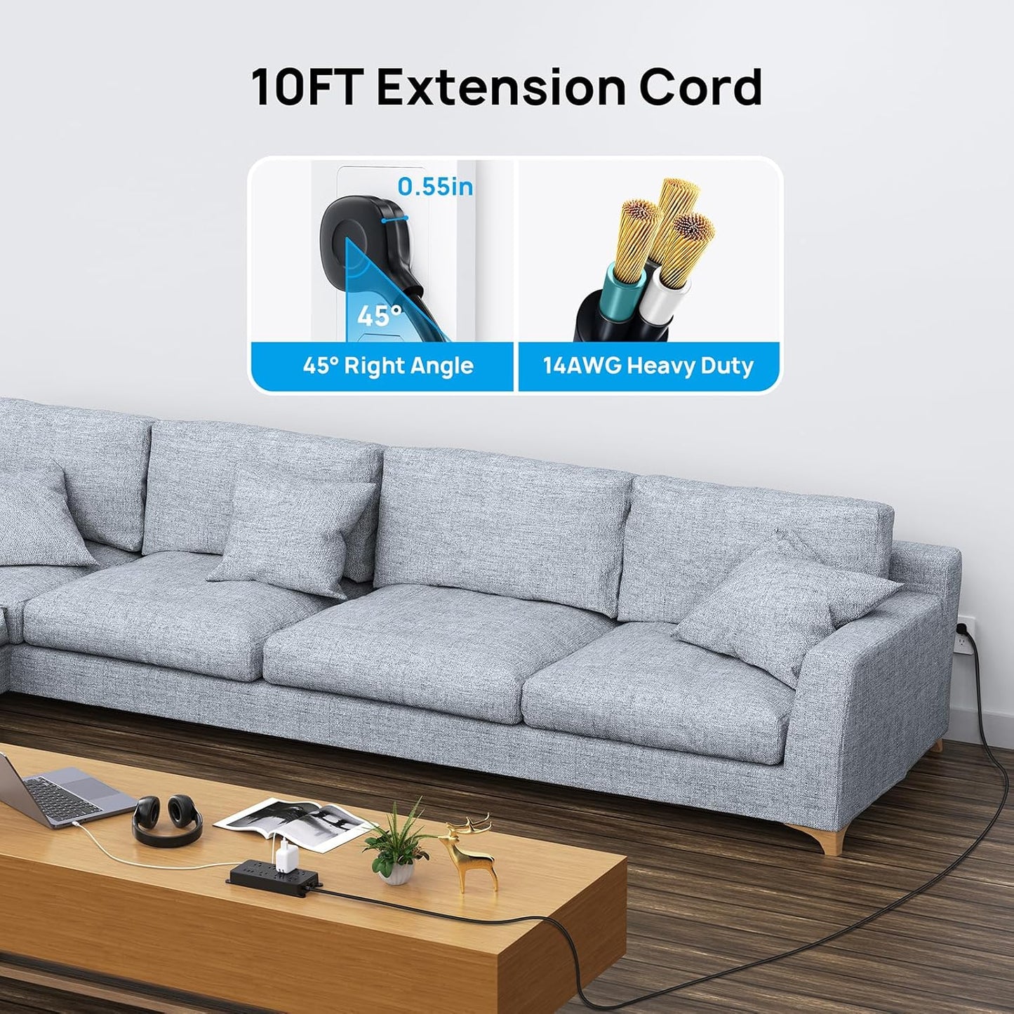 TROND Power Strip Surge Protector 10ft, ETL Listed, Flat Plug Extension Cord with 2 USB-A & 1 USB-C, Wall Mountable, 7 Widely-Spaced Outlets, 1700J, for Home Office Garage, Black