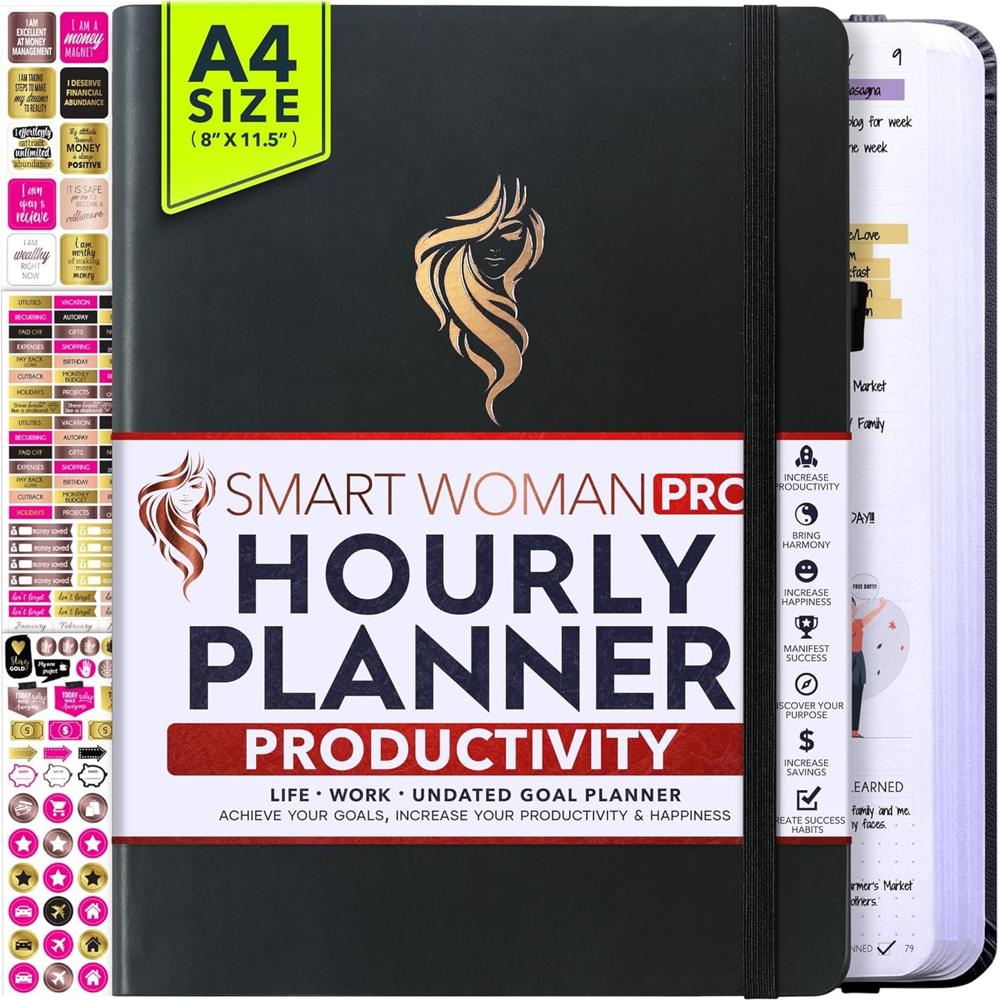 Hourly Planner - Undated Daily, Weekly & Monthly Planner with Budget Section | A 12 Month Journey to Increase Productivity & Happiness | Life Organizer & Gratitude Journal - Vertical Format