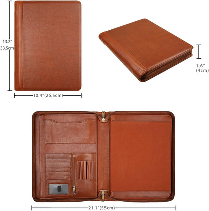 Handmade Genuine Leather Portfolio Organizer for IPad/Document, Business Padfolio with A4 Leather Notepad Holder, Leather Compact Folder Conference Portfolio for Men and Women, Oil-Brown