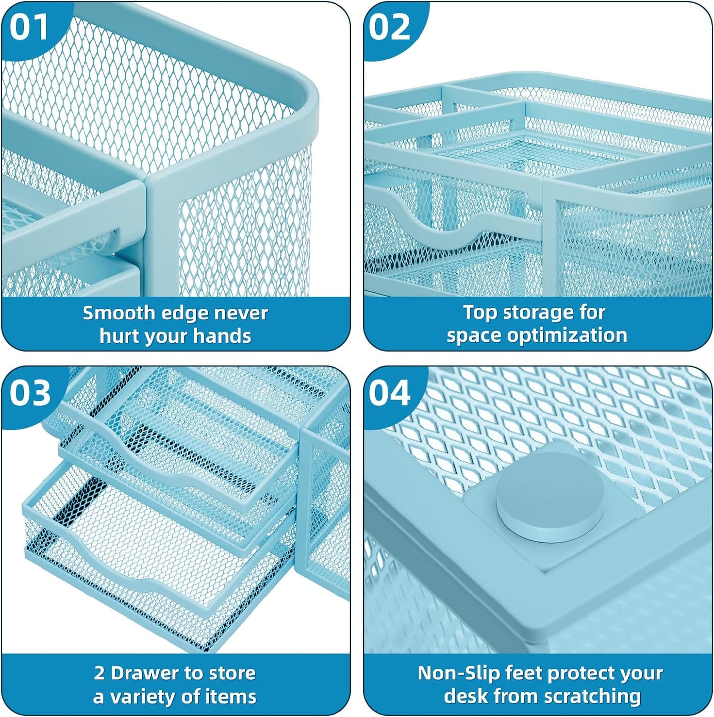 Marbrasse Mesh Desk Organizer, Pen Organizer with 2 Drawer, Multi-Functional Pencil Holder, Desk Organizers and Accessories with 5 Compartments + Drawer for Office Art Supplies (Blue)