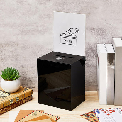 Marsui Acrylic Suggestion Box Large Donation Box 16 x 6.7 x 5 Inch Safe Ballot with Lock and Sign Holder for Voting Charity Business Cards Collection Display Ticket Comment(Black)