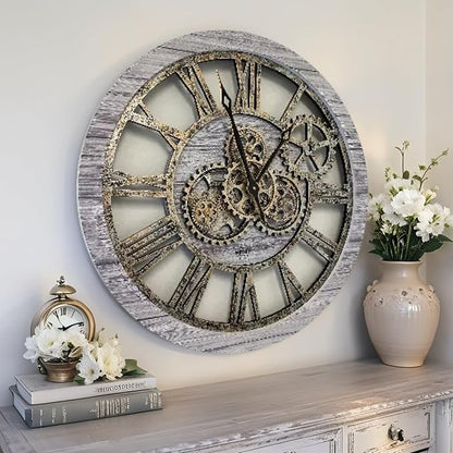 ImprovingLife The Gears Clock The Original Real Moving Gear Wall Clock Vintage Industrial Oversized Rustic Farmhouse (24 inch (60cm),Silver Grey)