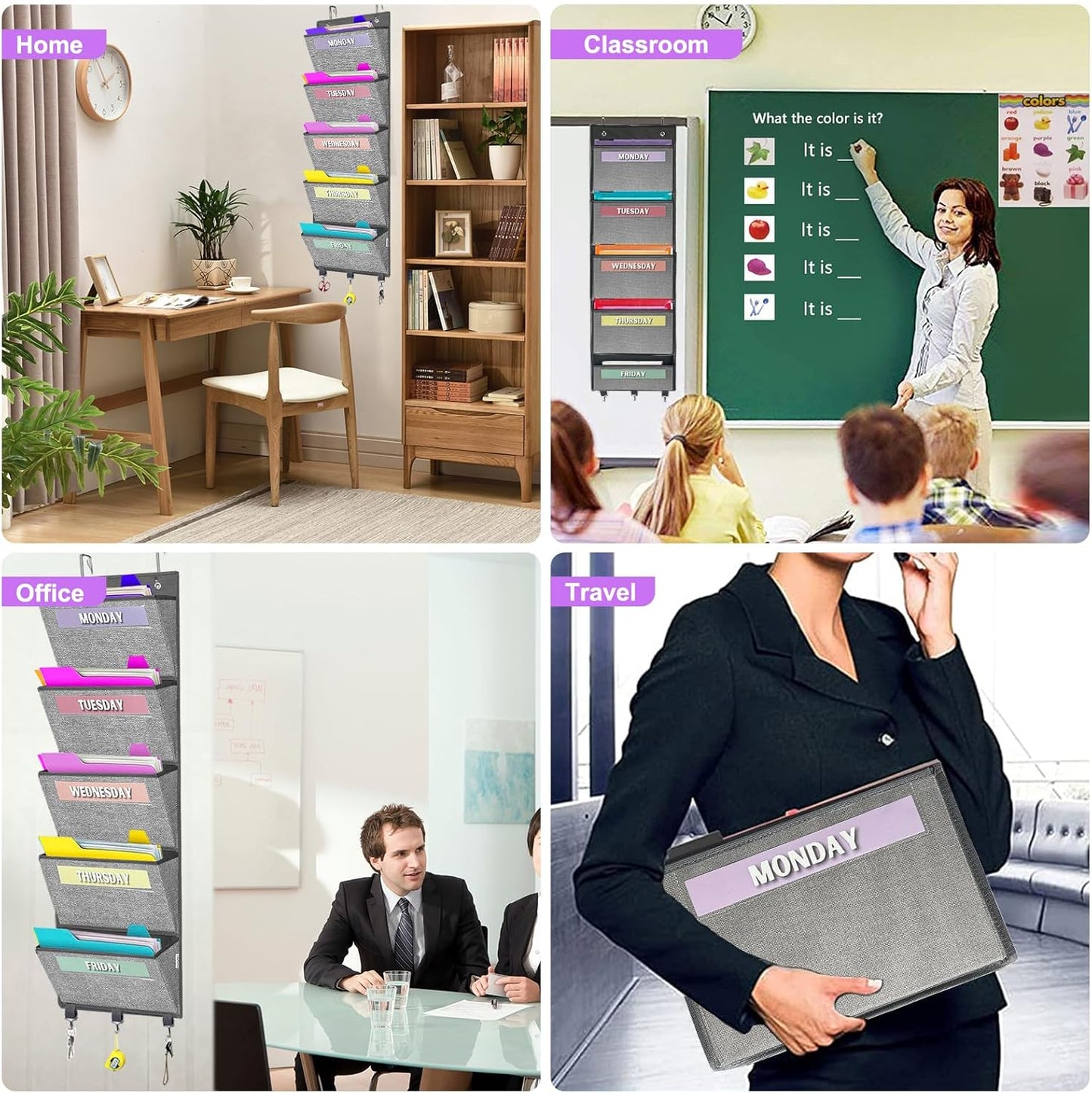 homyfort Over the Door hanging File Organizer, Weekly Hanging File Folders, Wall Organizers and Storage for Mail, Magazine, Notebooks, Office, Classroom, 5 Large Pockets, 50.39” Tall, Grey