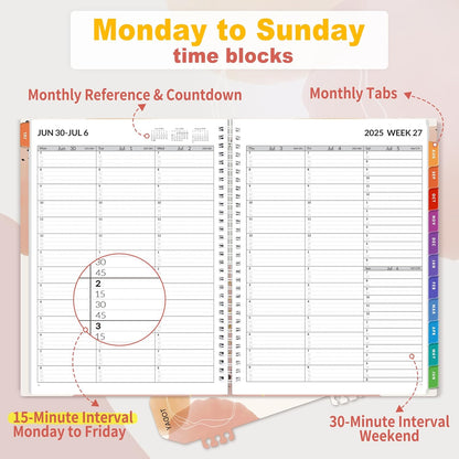 SUNEE 2025-2026 Appointment Book, Quarter-Hourly, Weekly & Monthly - from July 2025 to June 2026, 8.5"x11" Academic Planner, Flexible Cover, Note Pages, Bookmark, Spiral Binding, Blushing Abstract