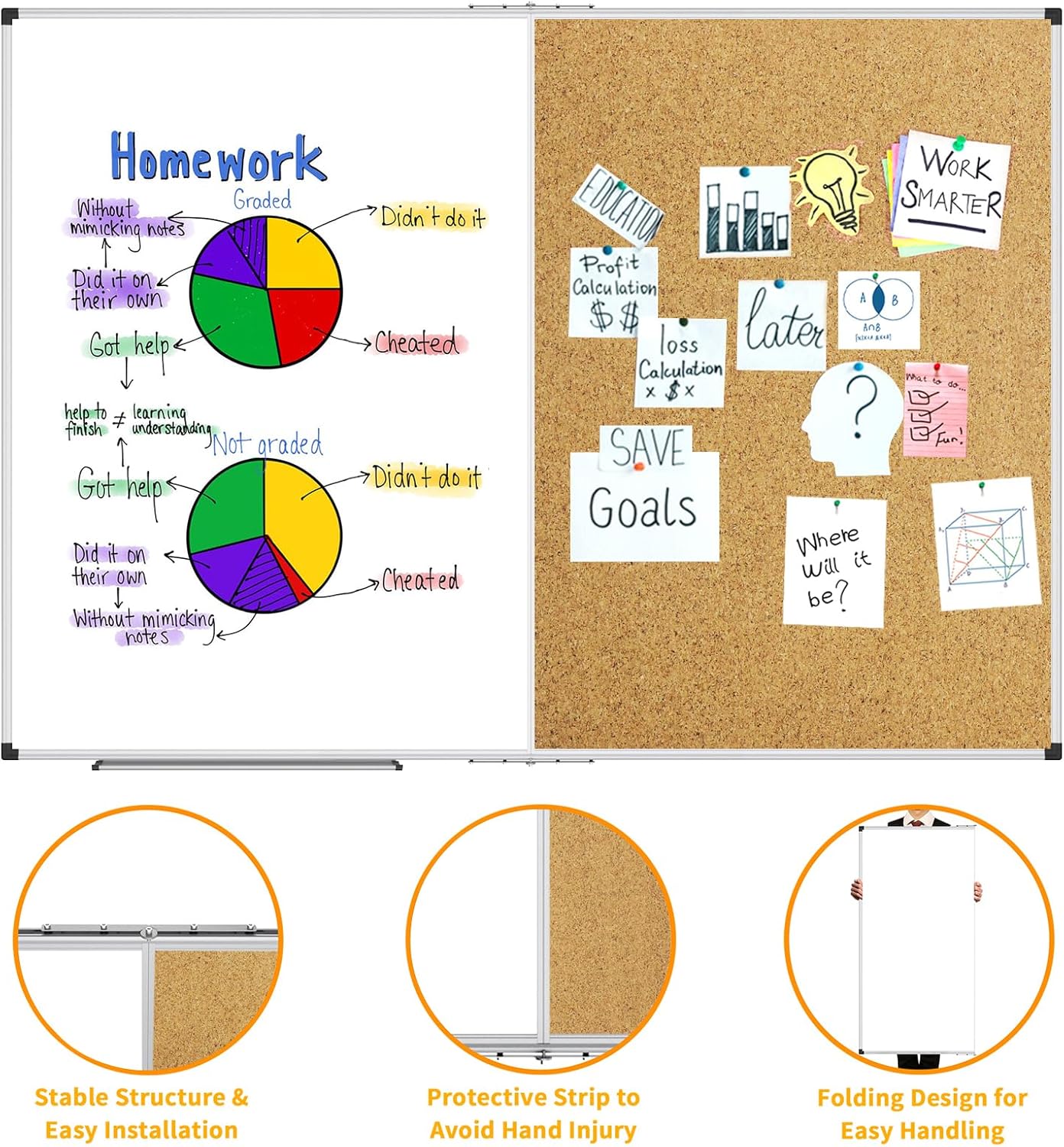 XBoard Extra Large Magnetic White Board and Bulletin Corkboard Combination, 72 x 48 Inch Foldable Dry Erase & Cork Combo Board for Wall with Aluminum Frame, 6' x 4' Notice Memo Board Pin Vision Board