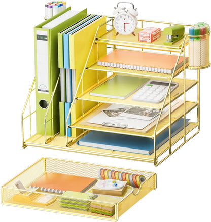 Marbrasse Desk Organizer with File Holder, 5-Tier Desk Organizer and Accessories with Drawer and 2 Pen Holders, Mesh Paper Letter Tray, Desktop Storage for Office Supplies (Gold)