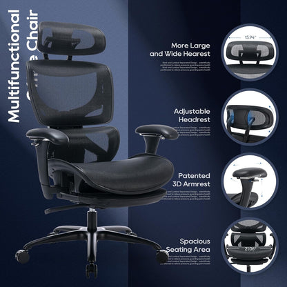 COLAMY Ergonomic Mesh Office Chair with Footrest, Executive High Back Computer Desk Chair with Wide Headrest and Adjustable 3D Arms, Backrest, Tilt Lock and Lumbar Support(Black)