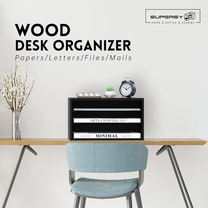 SUPEASY Wooden Desk Organizer - 3 Tier Paper File Organizer for Office, School & Home, Black