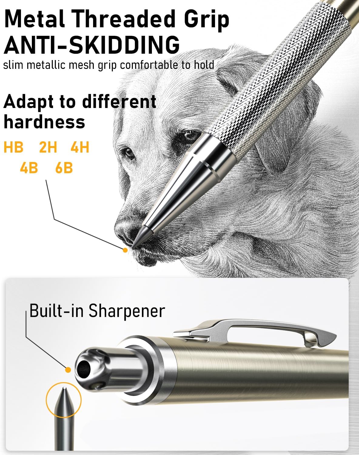 Nicpro 34PCS Art Mechanical Pencil Set, Metal Drafting Pencil 0.3 mm & 0.5 mm & 0.7 mm & 0.9 mm & 2PCS 2mm Lead Holder (6B 4B 2B HB 2H 4H Colors) For Sketching Drawing With 19 Tube Lead Refills Case