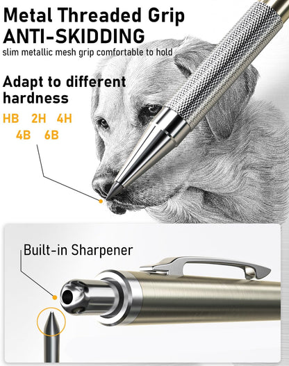 Nicpro 34PCS Art Mechanical Pencil Set, Metal Drafting Pencil 0.3 mm & 0.5 mm & 0.7 mm & 0.9 mm & 2PCS 2mm Lead Holder (6B 4B 2B HB 2H 4H Colors) For Sketching Drawing With 19 Tube Lead Refills Case