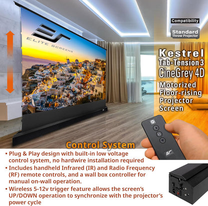 Elite Screens Kestrel Tab-Tension 3 CineGrey 4D, 150 inch 16:9, Standard Throw ISF Ceiling Ambient Light Rejecting (CLR/ALR) Electric Floor-Rising Projector Screen, Programmed Remote Kit, FTE150H3-C4D