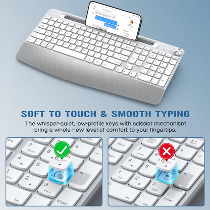 Ergonomic Wireless Keyboard with Wrist Rest-Low-Profile,Phone/Tablet Holder,Quiet Design，Windows & Mac OS，Full Size Cordless USB Computer Keyboard for Desktop,Laptop, PC, Mac, Windows-White