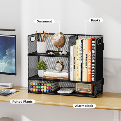 Marbrasse 3-Tier Desk Shelf Organizer with Handle, Desktop Bookshelf File Holder, Mesh Display Shelf Organizer Storage Rack for Office, Home, Supplies, Kitchen (Black)