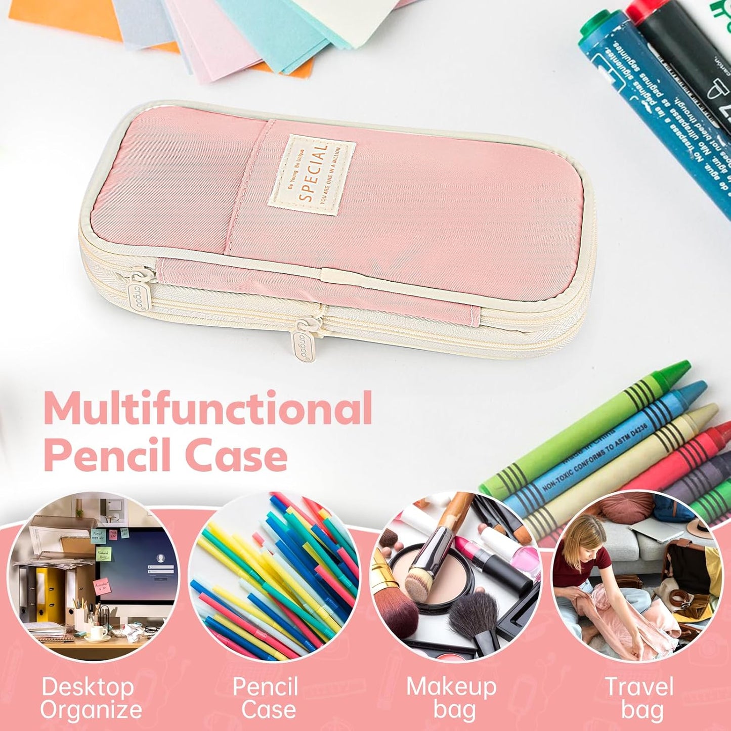 Pencil Case, Large Capacity Aesthetic Pencil Cases with Durable Zipper, Big Stationery Pencil Pouch for Women & Men, Adults Portable Storage Organizer Bag for College, office, Travel (Pink)