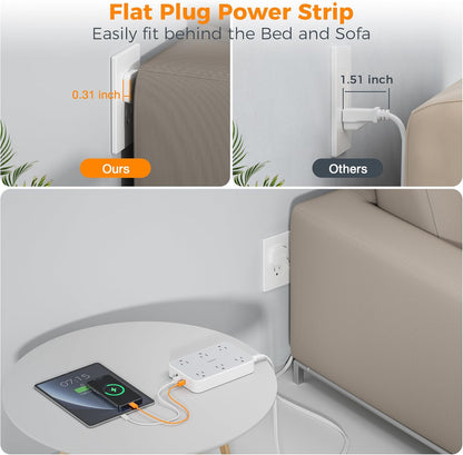 TESSAN Flat Extension Cord 10 FT with Flat Plug Power Strip, Small Extension Cord with 6 AC Outlet 1 USB C and 2 USB A, 1080J Surge Protector Power Strip, Wall Mount for Dorm Room Office Home