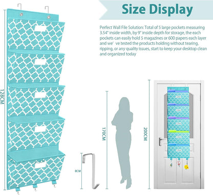 Over the Door File Organizer, Hanging File Folders, Wall Organizers and Storage for Mail, Magazine, Notebooks, Planners, Office, Classroom, 5 Extra Large Pockets, 50.39” Tall (Blue Lantern Pattern)