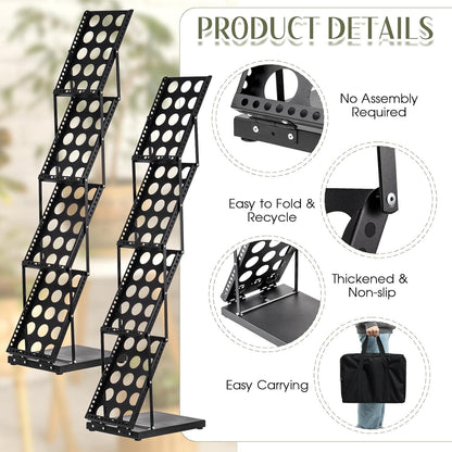 Tatuo 2 Pieces Foldable Magazine Rack Metal Catalog Literature Rack Portable 4 Pockets with Carrying Bag Brochure Stand Literature Display Holder Stand for Exhibition Trade Show