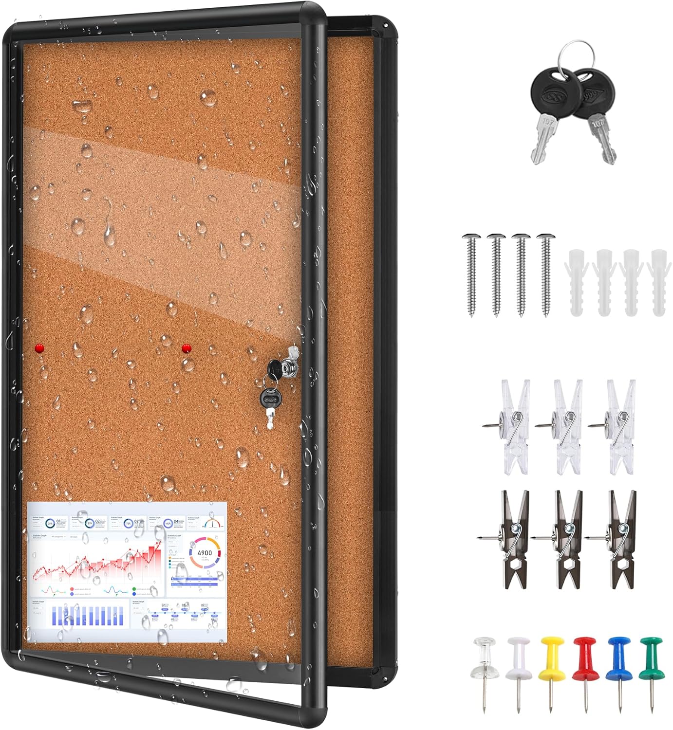 36"x24" Enclosed Cork Bulletin Board Tamper-Proof Dispaly Case,Brown Fabric&Black Aluminium Frame,Shatter Resistant Lockable Bulletin Board with Clear Acrylic Door for School,Office,Community,Hospital