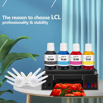 LCL GI-26 GI26 Ink Bottles Replacement for Canon 26 GI26 GI-26 Ink Refill Bottles Compatible with Canon MAXIFY GX7021 GX6021 GX7020 GX6020 GX5020 GX4020 GX3020 Printer (4-Pack,KCMY)