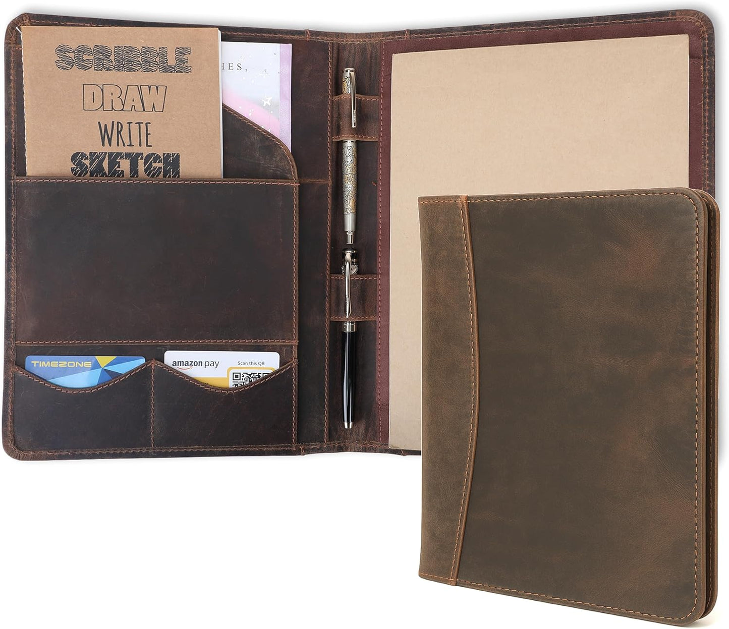 Leather Portfolio Organizer Professional Leather Padfolio for Men and Women A4 Document Folder Resume Holder Legal Pads 8.5 x 11 Padfolio Executive Writing Pad and Document Organizer Brown
