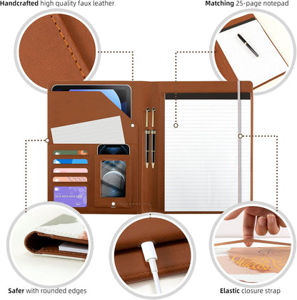 Clipboard Folio Folder Portfolio with Notepad-Pocket Business Card Holder Brown Faux PU Leather Portfolio