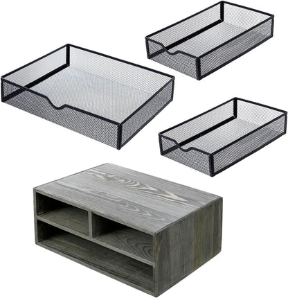 MyGift Vintage Weathered Gray Solid Wood Desktop Organizer Box with 3 Removable Black Metal Mesh Trays, Office Desk Supplies Storage Drawers for Accessories