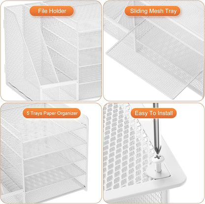 Marbrasse Desk Organizer with File Holder, 5-Tier Paper Letter Tray, Mesh Desk Organizers and Accessories with Magazine Holder, Desktop Organizer and Storage for Office Supplies (White)