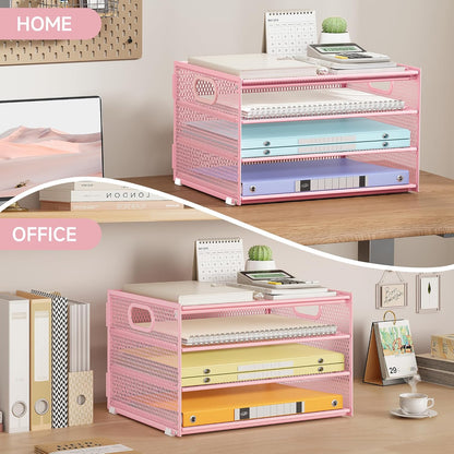 Subekyu Paper Letter Tray Organizer for Desk, Pink Metal Mesh Desk File Sorter Organizer with Handle and 2 Sliding Trays for Home Office School Supplies Organization