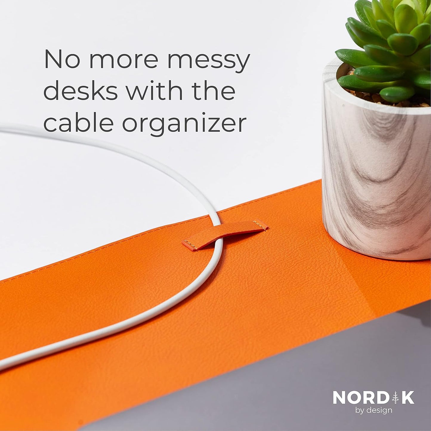 Nordik Leather Desk Mat Cable Organizer - Tangerine Orange 35 X 17 inch - Premium Extended Mouse Mat for Home Office Accessories - Non-Slip Vegan Leather Desk Pad Protector & Desk Blotter Pad