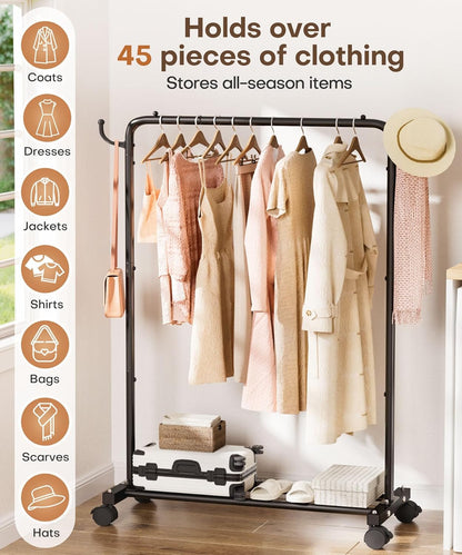 Homde Heavy Duty Clothes Rack: 120lb Standing Garment Storage for Indoor - Rolling Hanging Rod for Bedroom Laundry Room - Coat Dress Organizer on Wheels with luggage shelf (Black，32")