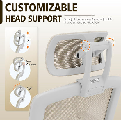 GABRYLLY Ergonomic Office Chair, High Back Home Desk Chair with Headrest, Flip-Up Arms, 90-120° Tilt Lock and Wide Cushion, 400LBS Mesh Chairs for Man Woman, White Task Chair(Beige,GY01WBG)
