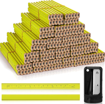 Honoson 200 Pcs Flat Construction Pencils with Printed Ruler Wood Graphite 2 Pcs Carpenter Pencil Sharpener for Woodworking Marking Tool(Yellow)