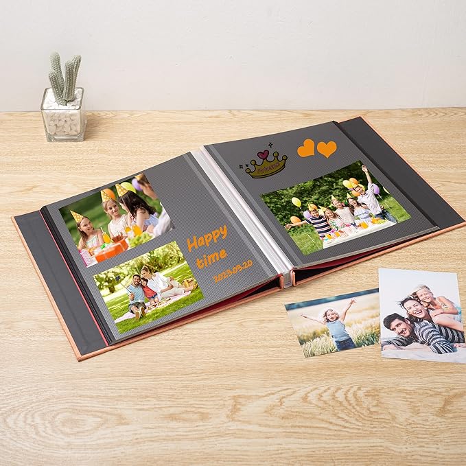 Photo Album Self Adhesive Scrapbook 3x5 4x6 5x7 6x8 Magnetic Album DIY Scrap Book 11x10.6 Inch 40 Black Sticky Pages Linen Cover DIY Photo Album(Orange)