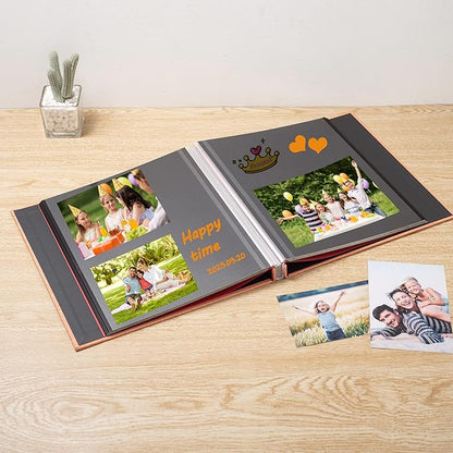 Photo Album Self Adhesive Scrapbook 3x5 4x6 5x7 6x8 Magnetic Album DIY Scrap Book 11x10.6 Inch 40 Black Sticky Pages Linen Cover DIY Photo Album(Orange)