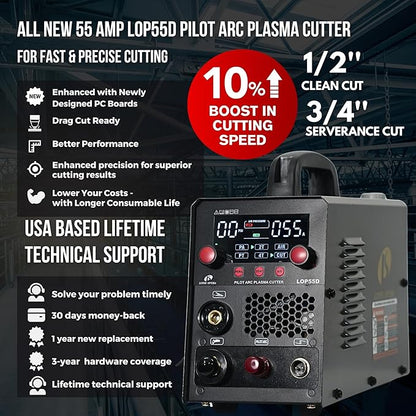 LOTOS LOP55D 55A Plasma Cutter, 1/2" Clean Cut (3/4" Sever), Non-Touch Pilot Arc, Dual-Voltage 110/220V, LED Panel, Portable Air Plasma Cutting Machine for DIY, Auto, Farm, HVAC