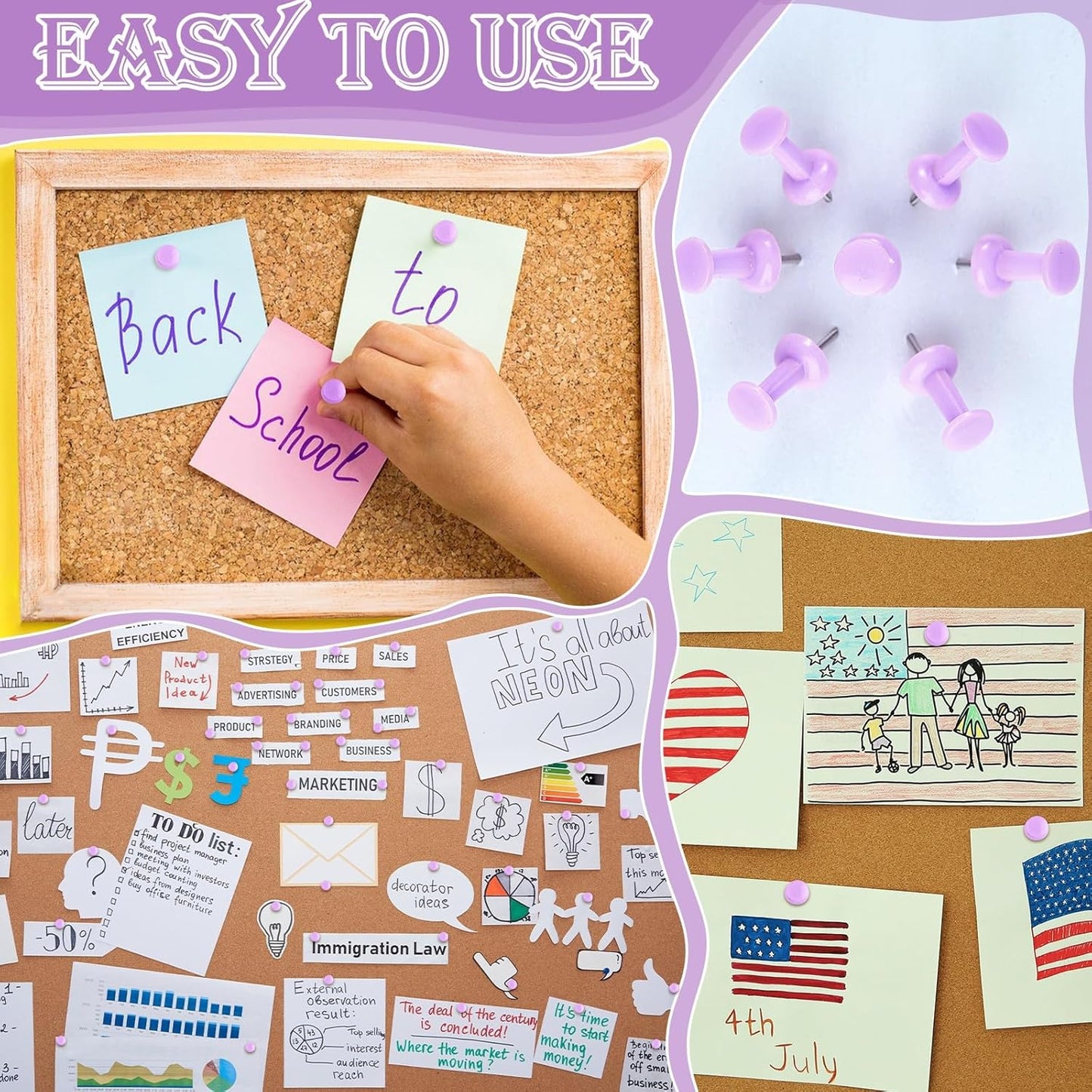 220 Count Purple Push Pins Standard Plastic Head Steel Point Thumb Tacks Decorative Push Pins for Cork Board Wall Hanging Bulletin Board