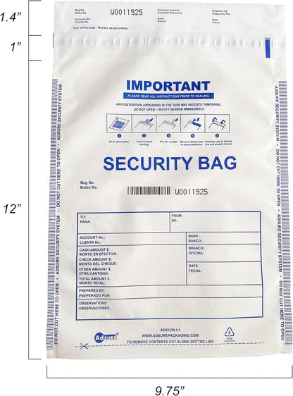 Plastic Bank Deposit Bags 9"x12"|Secure Bank Deposits,Cash Handling or Safe Currency Transportation | Sequential Barcodes | Tamper-Evident | Tear-Off Receipt for Security (White, 100 Pack)
