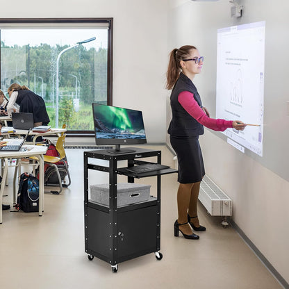 YITAHOME Steel AV Cart with Locking Cabinet, Metal Presentation Cart with Keyboard Tray, Rolling Media Cart with Wheels & Power 16.4ft Extra-Long Cord for Computer Laptop Projector Printer Black