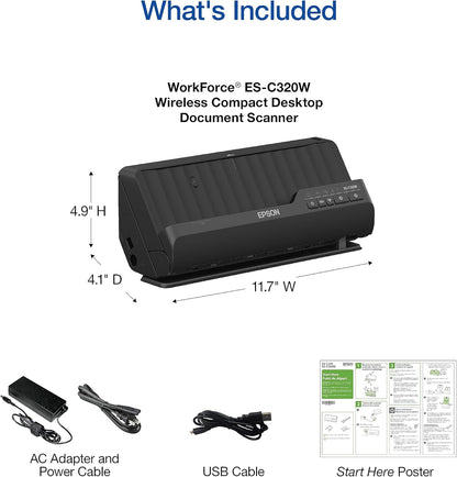 Epson - Workforce ES-C320W - Wireless Compact Desktop Document Scanner - 2-Sided Scanning and Auto Document Feeder - Paper and Card Scanner - Black