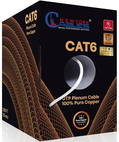 NewYork Cables | CAT6 Plenum Cable 1000ft UL/ETL Listed, 100% Pure Copper, UTP, 550MHz, 23AWG, 4Pair 10GB Ethernet Cable | Certified CMP-Rated Fire-Resistant (1000ft, Pure Copper UL Listed, White)