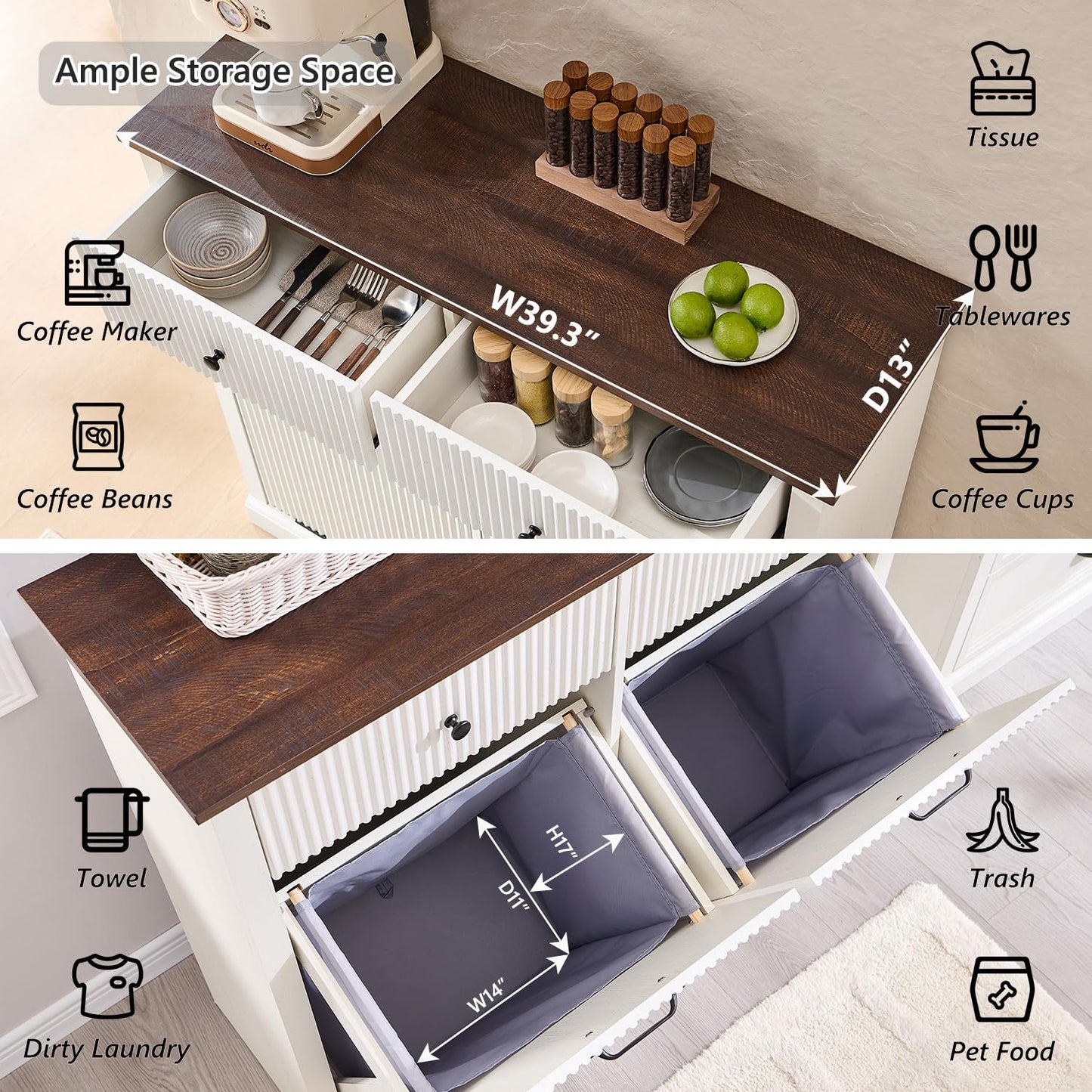 Modern Double Tilt-Out Trash Cabinet, 20 Gallon Fluted Laundry Hamper Cabinet w/2 Drawers, Wooden Hidden Garbage Can Cabinets with Storage Basket,Free Standing for Kitchen & Living Room, White