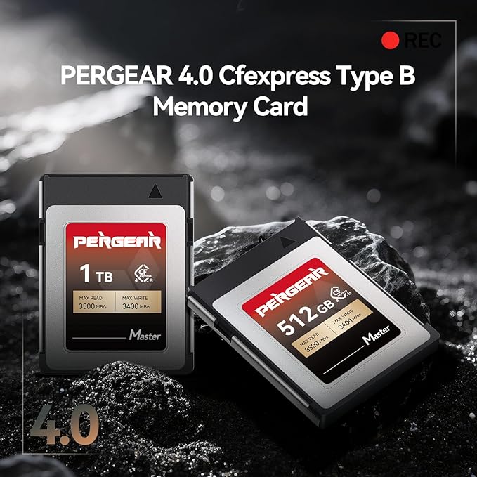 PERGEAR 512GB (Pack of 2) CFexpress 4.0 Type B Memory Card, 3500MB/s Write & 3400MB/s Read Speed for 8K Raw Video Recording (Master Series), Compatible with R3/R5/R5C/Z8/Z9/Z7 II/Z6 II/S1 DSLR Cameras