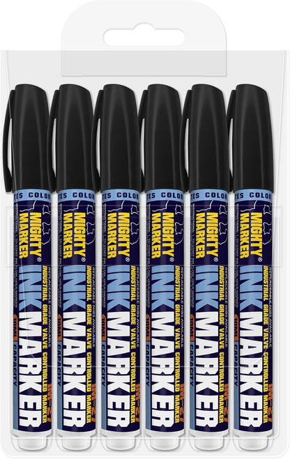 IM-27 Ink Marker, 2.3mm Medium Tip, Alcohol-Based Quick-Dry Permanent Ink, Waterproof, Safe for Most Surfaces, Clip Cap, 6 Bonus Tips, Valve Action, 10ml, 6 Pack (Black)