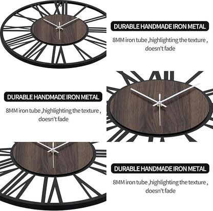 LEIKE Large Wall Clocks,Silent,Non Ticking,Battery Operated Big Retro Round Modern Wood Wall Clock for Living Room, Bedroom,Dinning Room,Farmhouse,Office,Home Decor-20 Inch(Black-Roman Numerals)